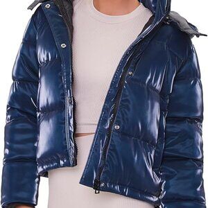 Forever 21 Metallic Blue Hooded Puffer Jacket Size M Shiny Quilted Winter Coat